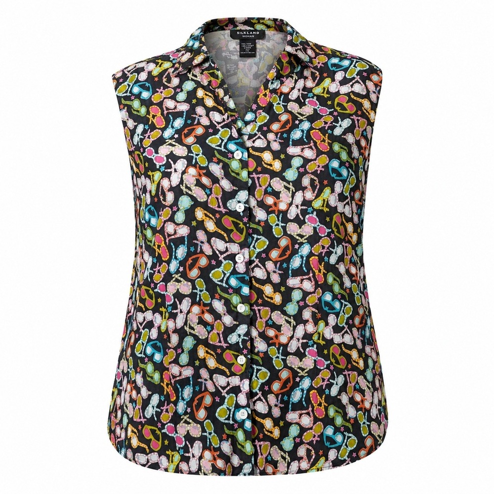 SILKLAND Woman 3X Sleeveless Linen Button Up Top Sunglasses Art To Wear Novelty